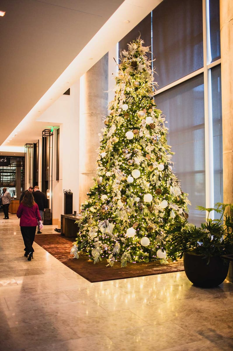 orange and white Christmas tree in a hotel lobby