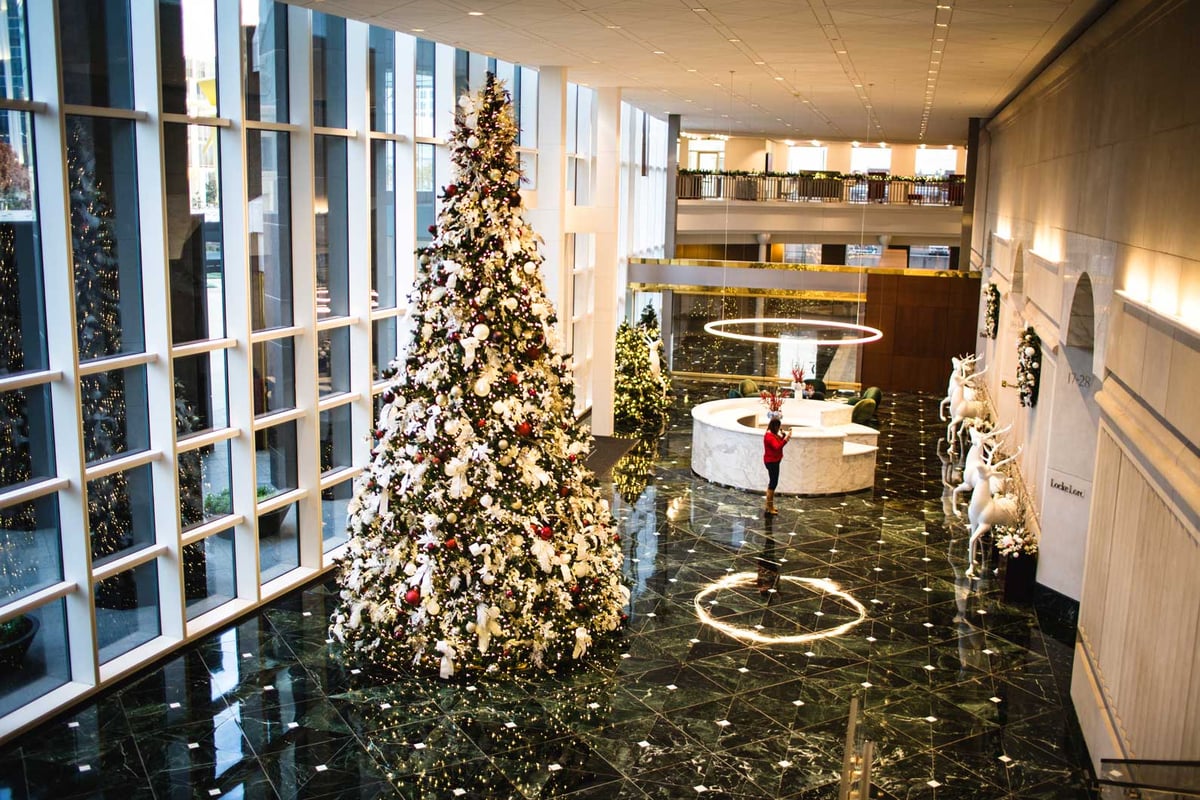 Office building with Christmas tree and other holiday decor