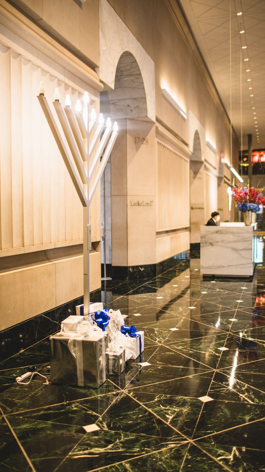 Hanukkah decor in office lobby