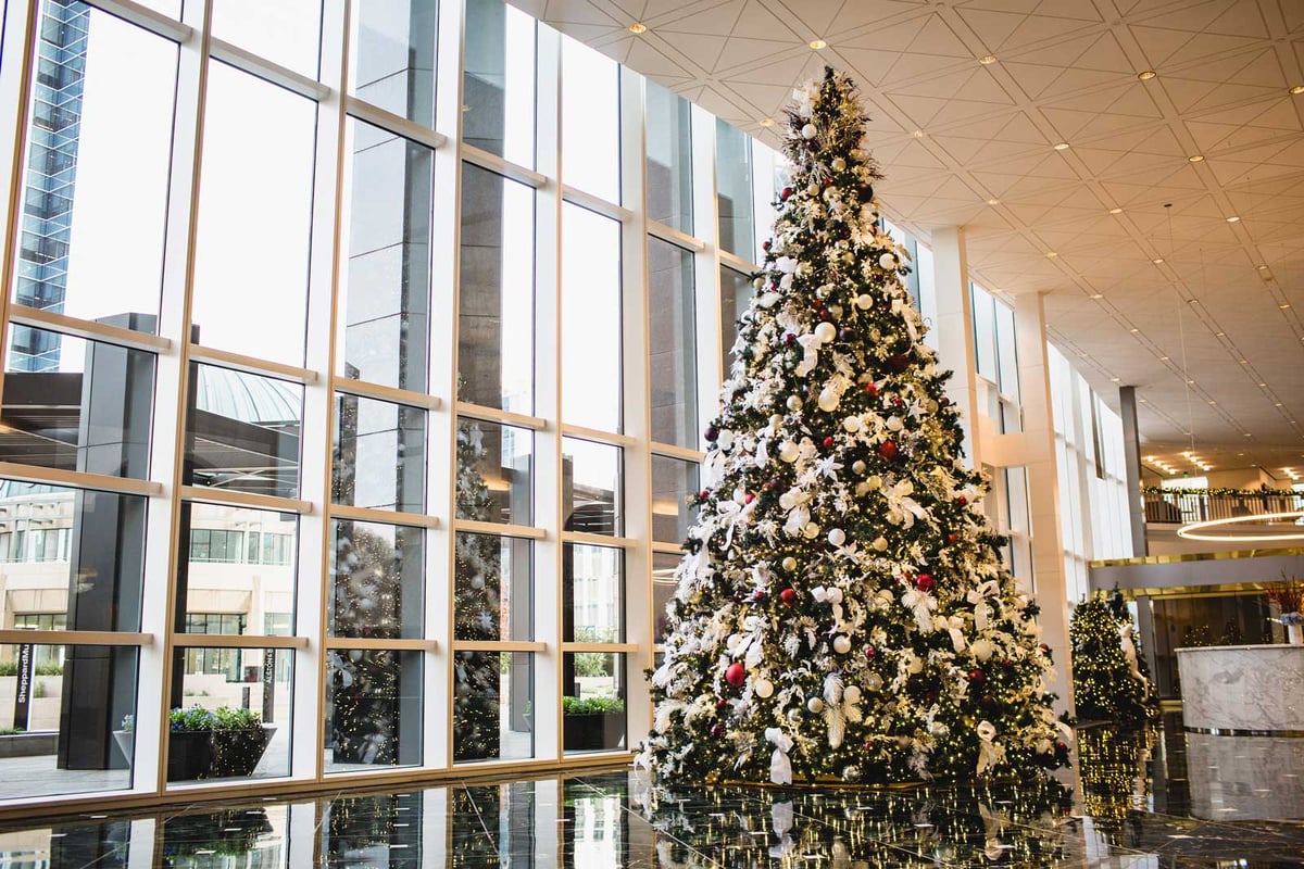 Office lobby with red and white Christmas tree