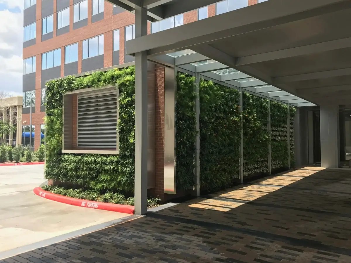 Exterior living wall in building entryway