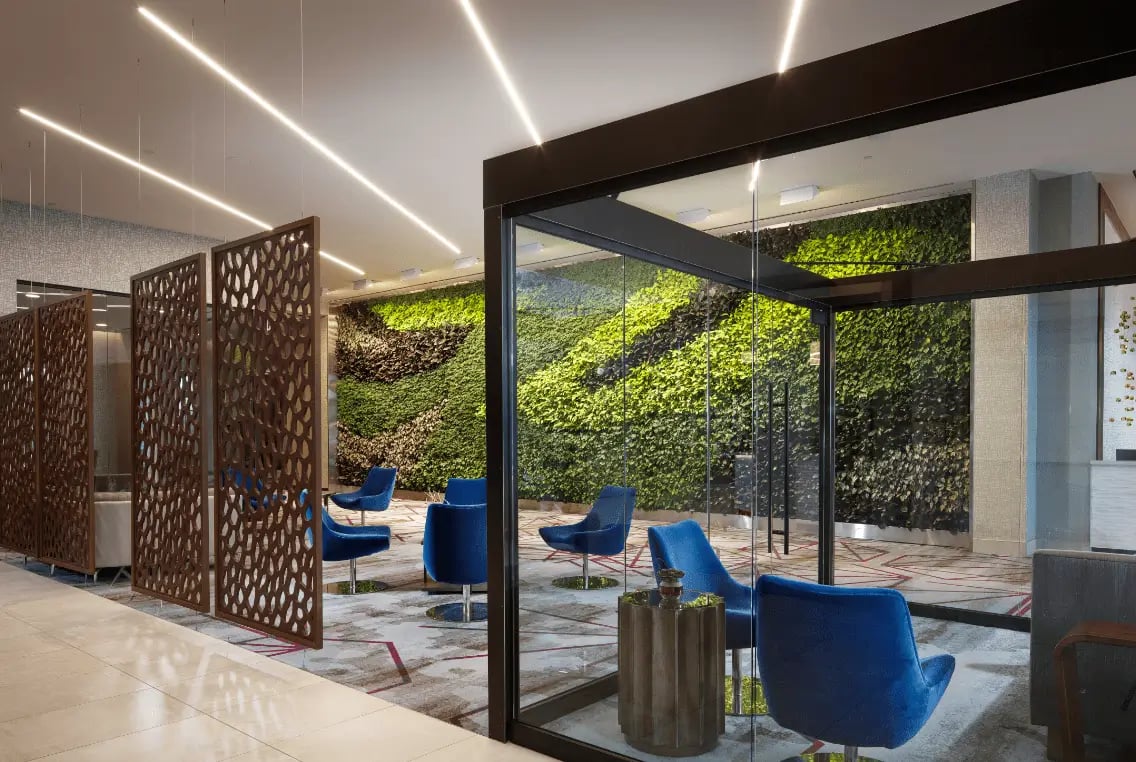 living / green wall, office common space / lobby