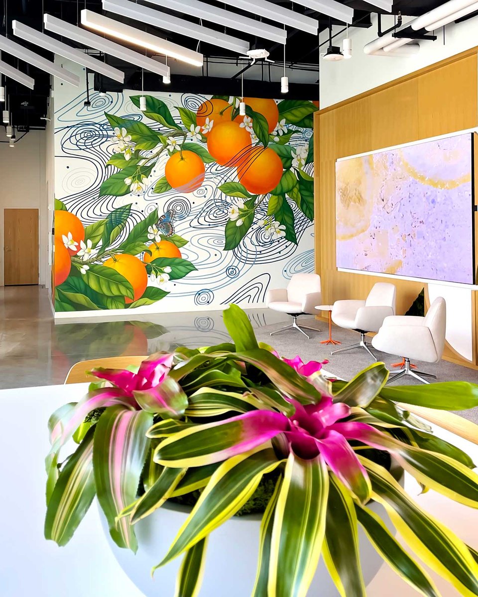 Office lobby with pink bromeliads 