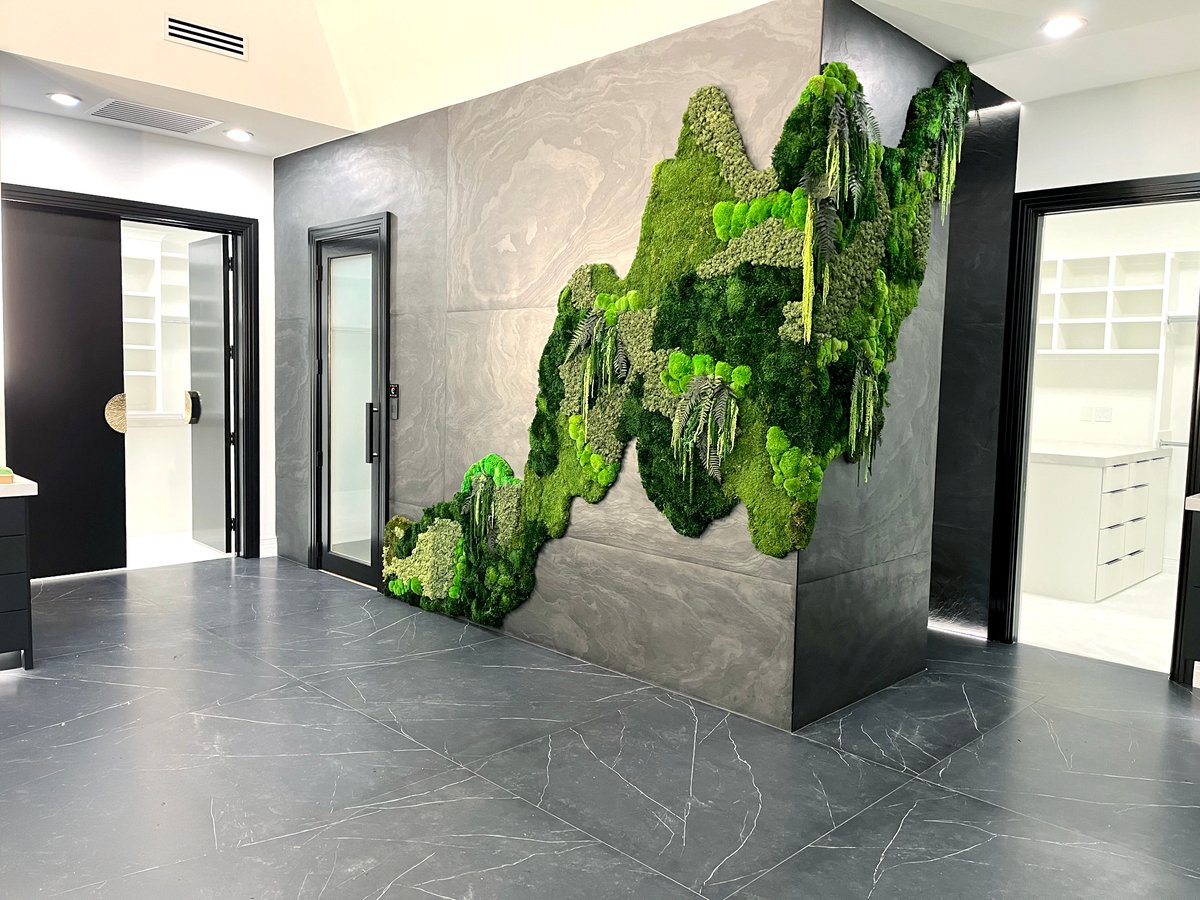 Multi-wall free flowing moss wall featuring a mix of dried plants and drift wall in a residence in Dallas, Texas