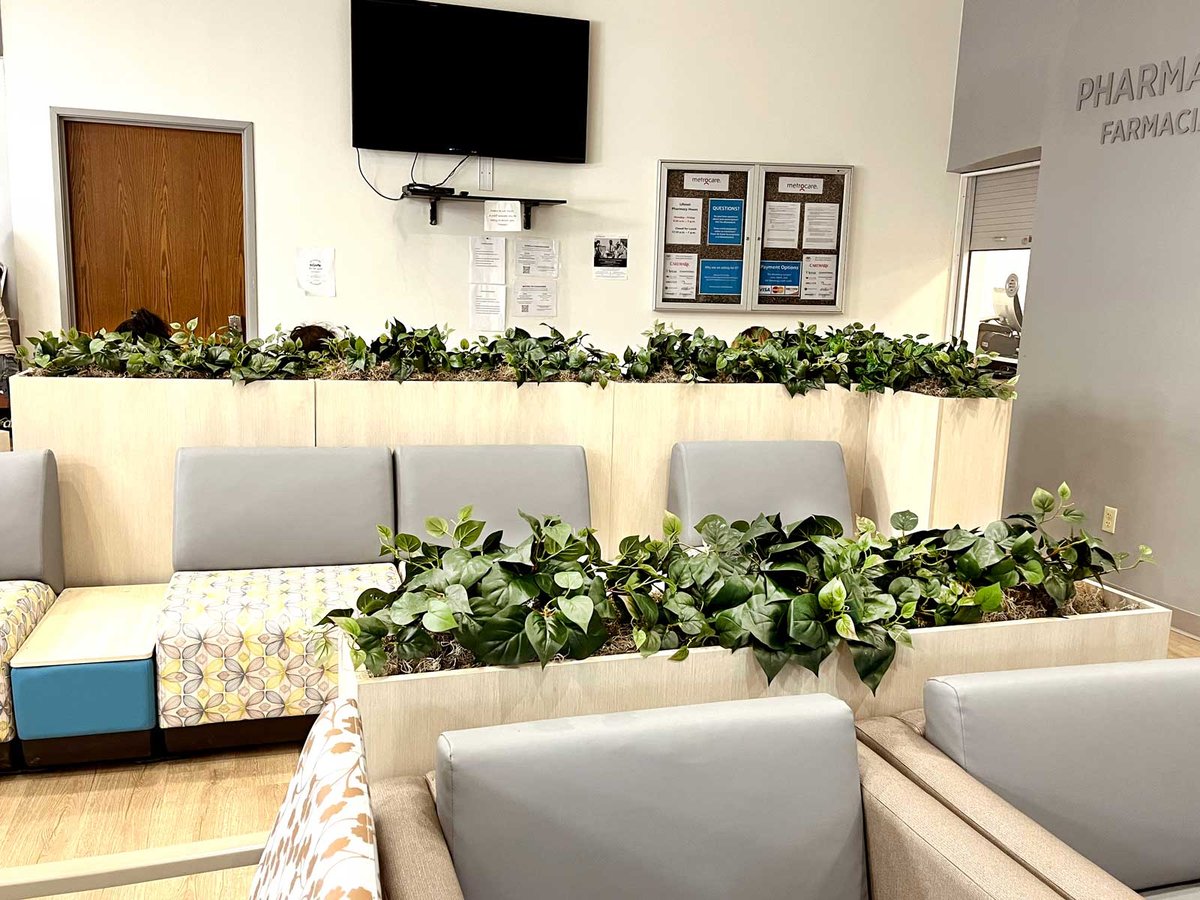 Clinic waiting room with replica / faux ivy in built-in planters