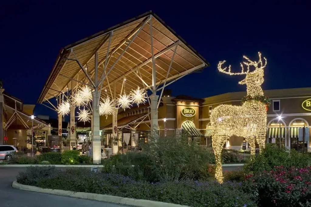 Lighted reindeer decor and large hanging stars