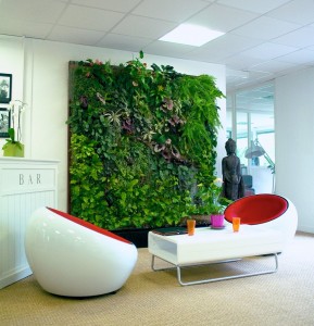 Living wall in the waiting area with two white and red pod chairs